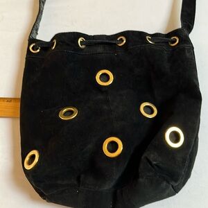 Vintage Black suede bucket back with gold grommets add  crossbody chain strap